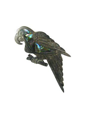 Vintage Mexican Silver Abalone Shell Inlay Parrot Brooch Pin Bird Taxco
